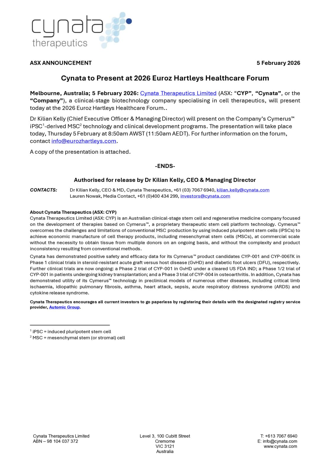 Cynata to Present at 2026 Euroz Hartleys Healthcare Forum