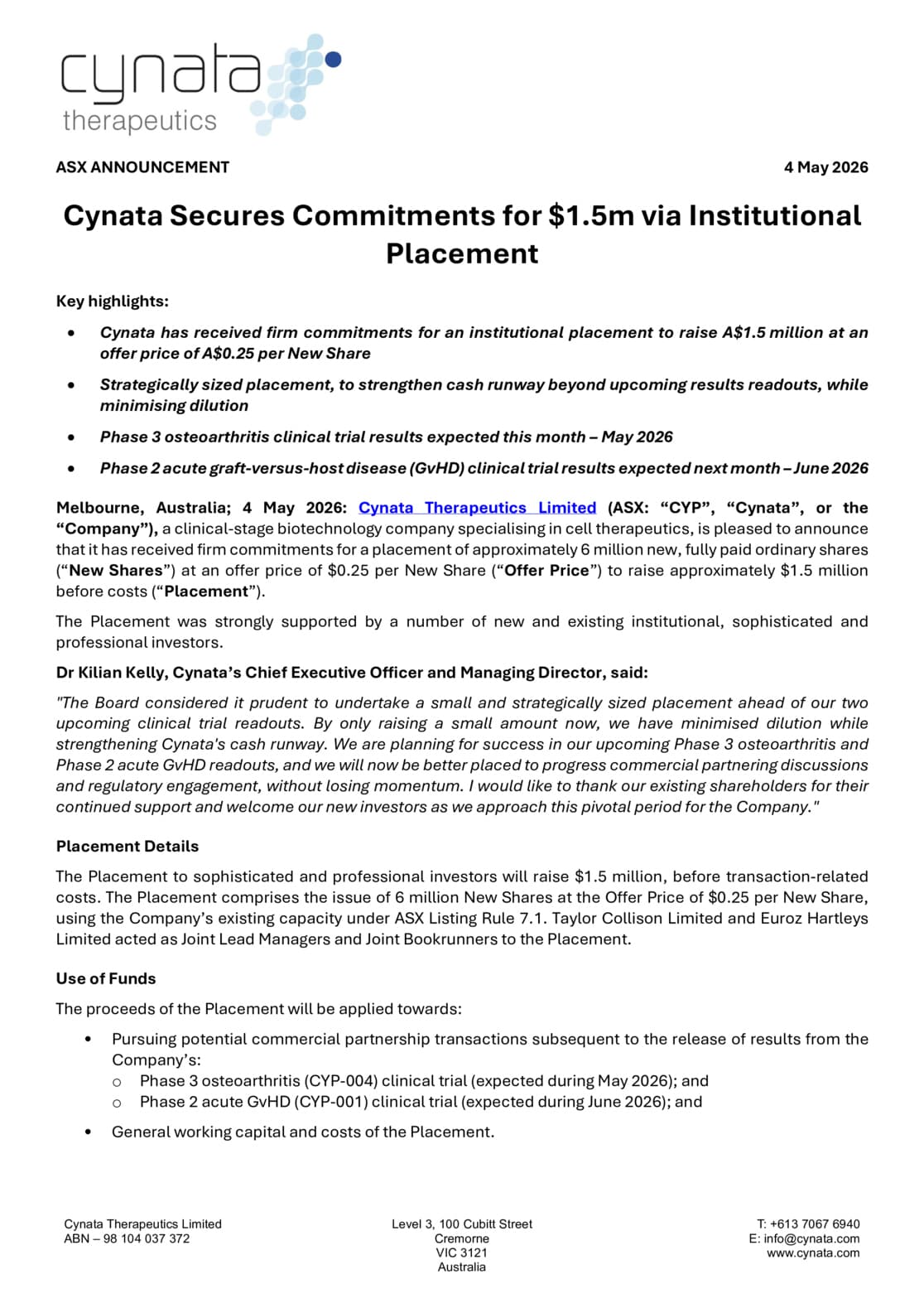 Cynata Secures Commitments for $1.5m Placement